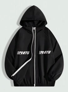 SHEIN 青少年男孩宽松休闲字母图案连帽前拉链长袖夹克