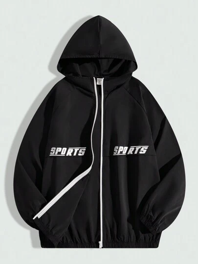 SHEIN 青少年男孩宽松休闲字母图案连帽前拉链长袖夹克