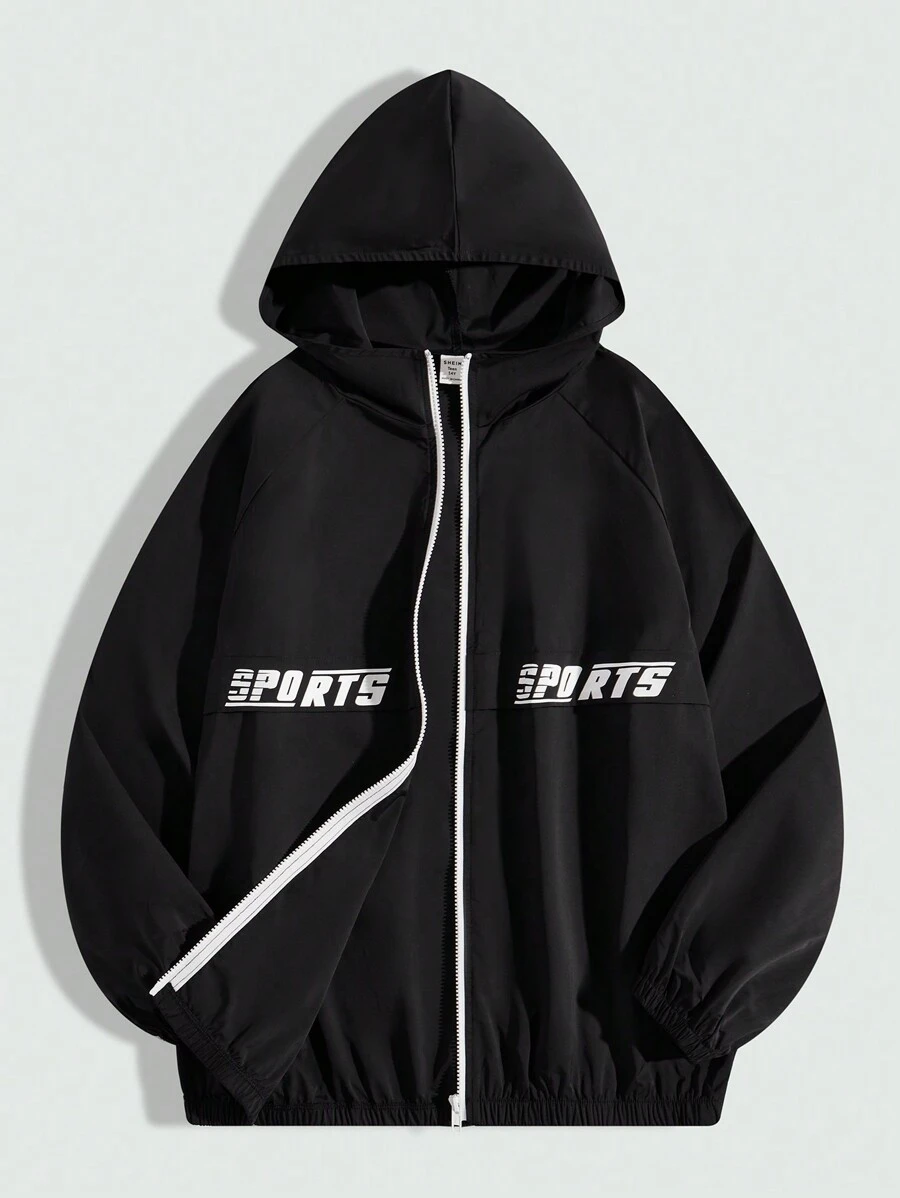 SHEIN 青少年男孩宽松休闲字母图案连帽前拉链长袖夹克