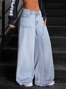 SHEIN ICON Quần Jeans Denim Ống Rộng Túi Rộng Thường Ngày Đa Năng Cho Nữ - Rửa nhẹ - Xem 3