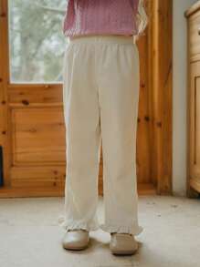 SHEIN Vintaside Kids Small Girls Corduroy Fabric Pants With Ruffle Trim, Casual Comfortable Versatile For Fall & Winter - White - View 4