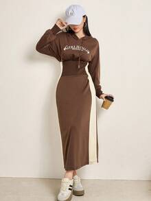 Mulvari 女士纯色拼接长袖字母印花简约连衣裙 - 彩色 - 查看 8