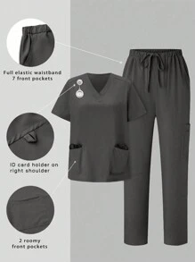 TaskEZ 1 Set Solid Color V-Neck Short Sleeve Pocket Top And Pants Scrub Uniform Set - Grey - View 1