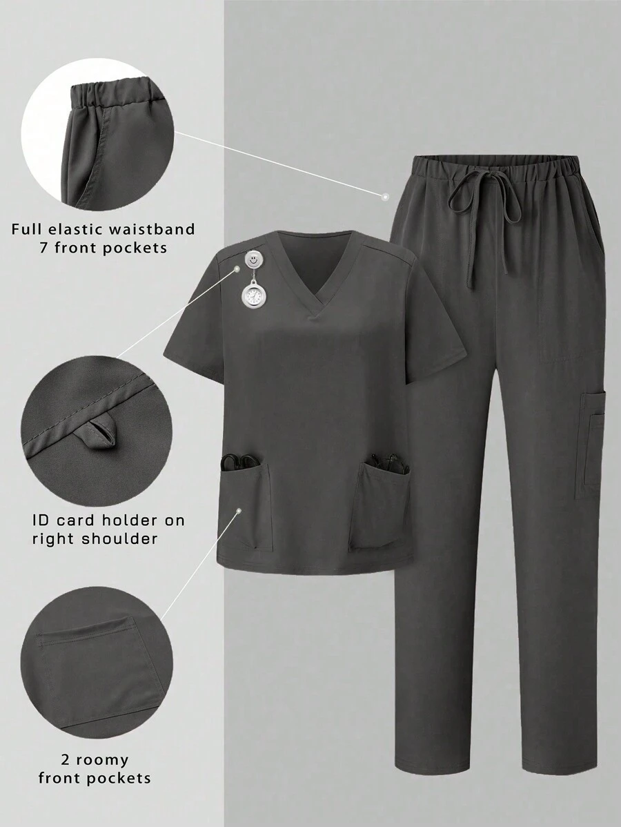 TaskEZ 1 Set Solid Color V-Neck Short Sleeve Pocket Top And Pants Scrub Uniform Set - Grey - View 1