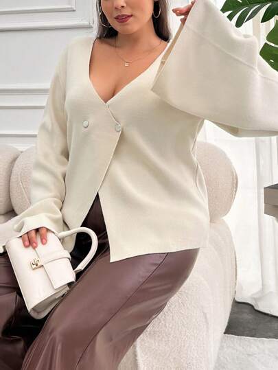 EURMUSE Women's Plus Solid Color V-Neck Front Button Drop Shoulder Cardigan, For Winter