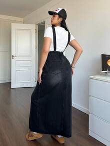 SHEIN Essnce 大码女式休闲牛仔连衣裙，配弹力吊带 - 黑色 - 查看 2