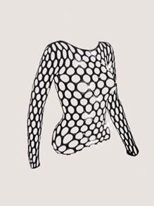 SHEIN Unity 1pc Black Sexy Full Body Hollow Out Random Crystal Mesh Blouse - Black - View 4