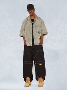 SUMWON Boxy Fit Revere Washed Denim Shirt With Back Embossed Design - Khaki - View 5