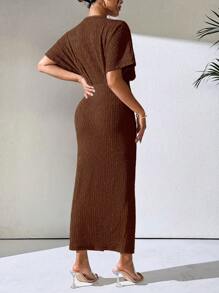 EMERY ROSE 1pc Women's Solid Color V-Neck Batwing Short Sleeve Ruched Slit Bottom Elegant Dress Maxi Women Outfit - Coffee Brown - View 2