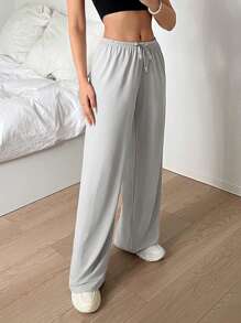 SHEIN EZwear 纯色前系带休闲柔软舒适长裤，日常休闲装