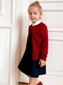 PrepCrw 年轻女孩法式优雅红色单排扣长袖圆领开衫毛衣秋冬季 - 紅色 - 查看 2