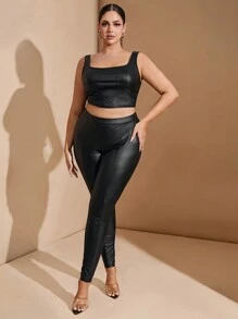 SHEIN BAE 加大码女式优雅约会夜街头服饰万圣节纯黑色性感弹力 PU 皮革舒适无袖圆领上衣和紧身打底裤 2 件套，适合俱乐部骑行服 - 黑色 - 查看 8