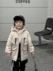 SHEIN 年轻男孩韩版时尚多口袋拉链半襟连帽棉衣外套，宽松版型，适合户外、学校、秋冬季 - 卡其色 - 查看 4