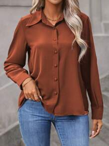 Vionelle Áo sơ mi tay dài cài nút phía trước màu trơn cỡ lớn thường ngày có cổ - Rỉ Nâu - Xem 3