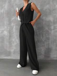 EURMUSE Solid Color V-neck Casual Two Piece Set - Black - View 4