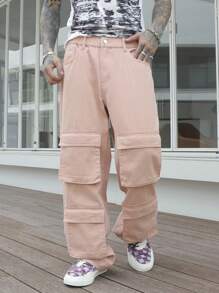 Manfinity LEGND Men's Casual Street Style Solid Color Flap Pocket Loose Fit Cargo Jeans Plain Light Pink Cargo Jeans, For Husband, Boyfriend Gifts