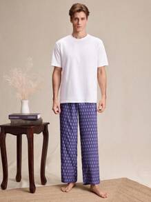 EverLounge Pantalón inferior de ropa de estar en casa con estampado completo y botones delanteros para hombres, uso casual de todos los días - Morado - Ver 3