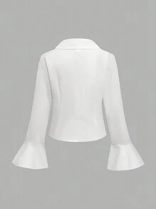 Tween Girl White Collared Shirt, Fitted Waist & Flare Sleeve, V-Neck, Elegant Casual & Versatile, Spring, Fall, Winterholiday,Summer,Travel,Getaway - White - View 2