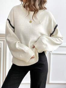 SHEIN Privé 休闲拼色罗纹边宽松毛衣，秋冬 - 杏色 - 查看 5