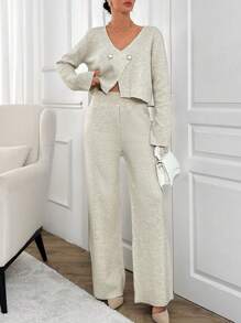 SHEIN 2pcs/Set V-Neck Casual Buttoned Cardigan And Pants - Beige - View 6