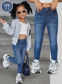 SHEIN 年轻女孩 Y2K 蓝色耐热水钻蝴蝶结牛仔布保暖内衬弹力牛仔裤，羊毛加厚棕色服装和弹力牛仔裤，增添温暖，女孩秋冬服装 - 藍色 - 查看 8