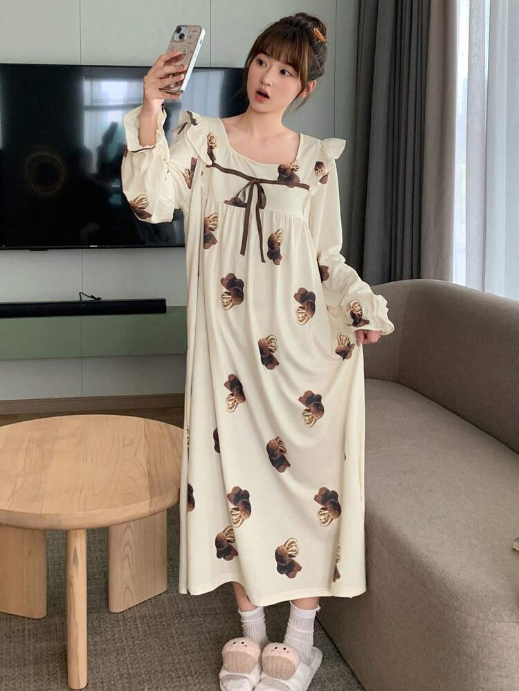 Cute Rabbit Print Ruffle Trim Loose Nightgown Pajama