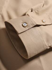 Manfinity Mode Men's Solid Color Front Button Long Sleeve Pocket Casual Shirt, Everyday Wear, For Fall, Formal, Ceremony - Khaki - View 5