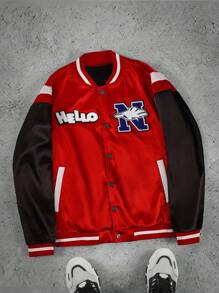 Manfinity EMRG Men's Contrast-Color Patch Button Baseball Collar Long Sleeve Jacket, Men Fall And Winter Red Jacket - Multicolor - View 1