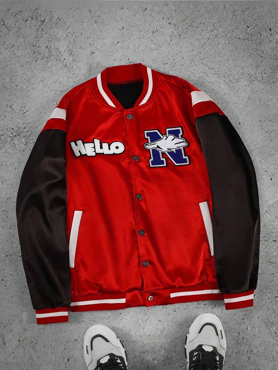 Manfinity EMRG Men's Contrast-Color Patch Button Baseball Collar Long Sleeve Jacket, Men Fall And Winter Red Jacket - Multicolor - View 1