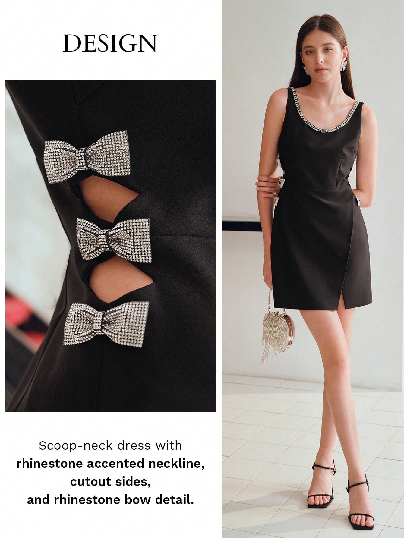 MOTF STUDIO SCOOP NECK RHINESTONE BOW CUTOUT SIDE SHORT