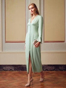 ZEYLAH SOLID V-NECK FLARE SLEEVE SPLIT HEM BUSTIER LONG DRESS