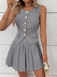 Chiquease 女式西装粗花呢面料珍珠纽扣背心