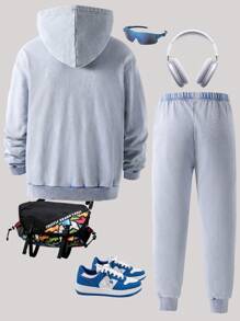 Set de 2 piezas: sudadera con capucha y pantalón de chándal lavado a la piedra, estilo urbano para adolescentes, de punto, para otoño/invierno