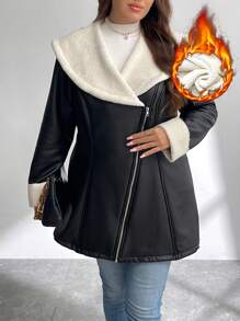 SHEIN Privé 大码优雅蓬松领人造皮革衬里加垫保暖收腰夹克，秋冬款 - 黑色 - 查看 3