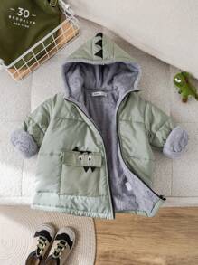 SHEIN Leap Crew 1pc Young Boys Cute Casual Comfortable Warm Hooded Long Fleece Coat With Eye Decoration Pocket, Suitable For Outings, School, Daily Gatherings, Fall And Winter Seasons