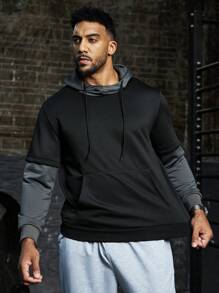 Manfinity Sport Corelite Plus Size Men's Autumn Long Sleeve Drawstring Hooded 2 In 1 Sports Sweatshirt - Black - View 3