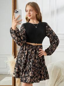 SHEIN 少女黑色碎花拼布腰部 A 字形长袖复古优雅连衣裙，乡村风格 - 黑色 - 查看 7