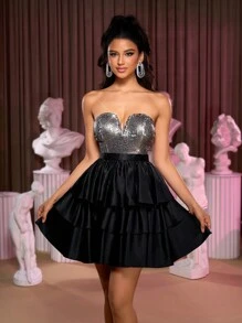 SHEIN Belle Váy nhiều lớp bằng vải satin đen tương phản bạc sáng cổ điển thanh lịch và lộng lẫy, thích hợp cho tiệc độc thân, tiệc vũ hội, năm mới, váy bán trang trọng, cho sinh nhật, khách dự tiệc cưới, tiệc tốt nghiệp - màu đen - Xem 5