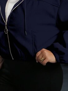 Calvaya 大码纯色前拉链长袖简约连帽休闲夹克 - 藏蓝色 - 查看 5