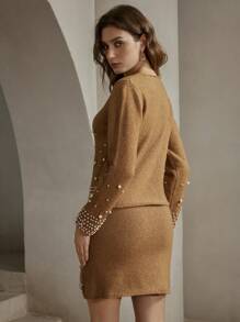 Anewsta White Heavy Pearls Knit Pullover Top & Skirt Set - Coffee Brown - View 2