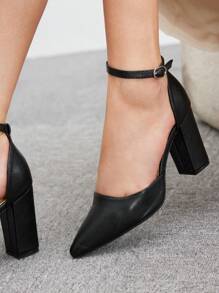 CUCCOO BIZCHIC Fashionable Black Block Heel Pointed Toe Ankle Strap Dress Pumps For Women, Suitable For Commute, Date, Party And Holiday Spring Shoes Spring Break Easter For Christmas Spring Shoes - Black - View 4