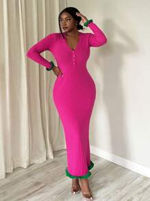 Slaydiva Nuevo vestido largo casual y elegante de mujer con cuello en V, mangas largas, puños y bajo en contraste verde, bajo ancho acanalado y silueta ajustada en color rojo rosa.