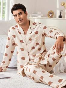 Bear Print Lapel Cardigan & Pants Men Pajama Set - Apricot - View 4