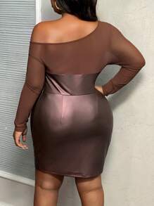 Slaydiva 大码女士时尚 PU 拼接网眼修身连衣裙，秋季 - 棕色 - 查看 2