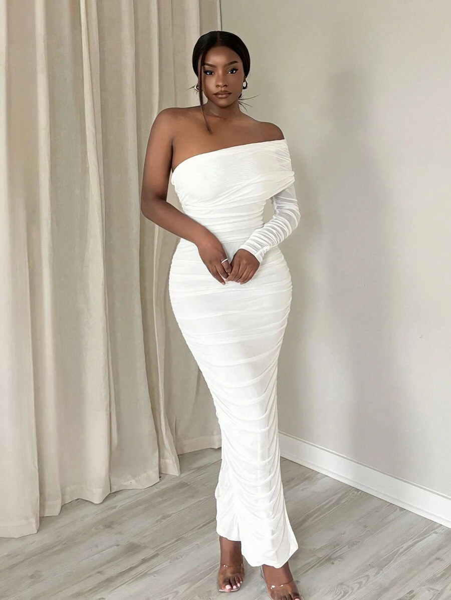 Slaydiva Elegant Party/Date Ruffled Open Shoulder Mesh Bodycon Dress For Women - EE - White - View 1