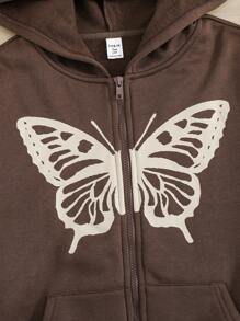 Teen Girl Butterfly Print Front Open Sweatshirt With Thermal Lined, Casual Long Sleeve In Fall/Winter - Brown - View 5