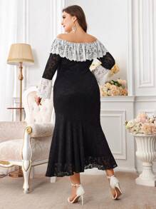 Modelyn Plus Size Women Ruffle Contrast Lace Fishtail Hem Sexy Dress Long Evening Dresses - Black - View 2