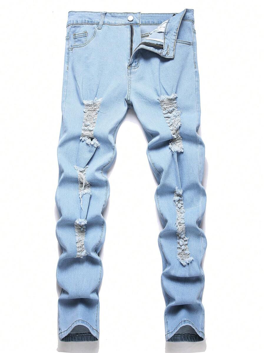 Manfinity LEGND Men Casual Versatile Ripped Slanted Pockets Denim Jeans, Autumn