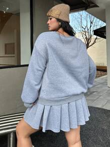 Flirla Plus Size Asymmetric One-Shoulder Long Sleeve Letter Print Sweatshirt & Pleated Mini Skirt 2 Pieces Sets, Casual Cute College Style