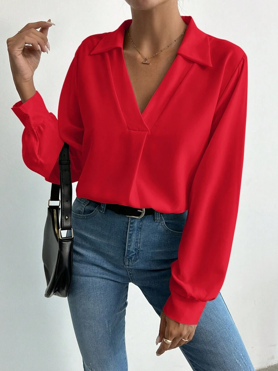 EURMUSE Turn-down Collar Casual Shirt - Red - View 1